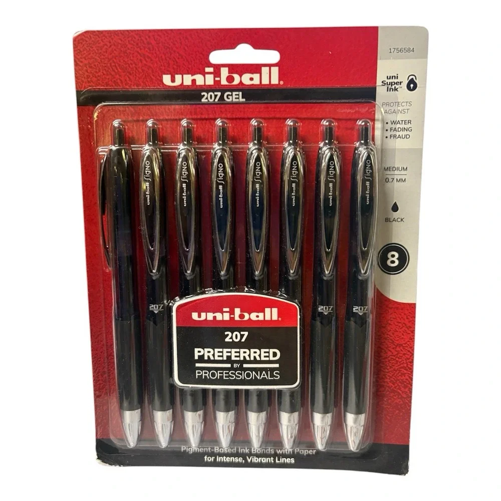 Uniball 207 Signo Black Ink Pigment Pen Fraud Prevention .7mm Medium Point 8pk